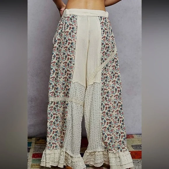 POL- NWT double gauze lace print patch woven ruffle wide leg pants MEDIUM - Picture 4 of 5